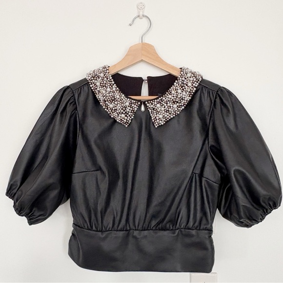 Anthropologie || Faux Leather Puff-Sleeve Blouse Pearls Black Small NWT - Picture 2 of 9